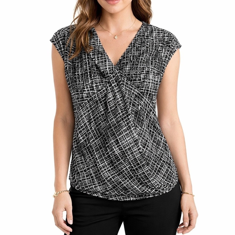Ro & De Women Black White Abstract Draped V Neck Cap Sleeve Top Size S Career